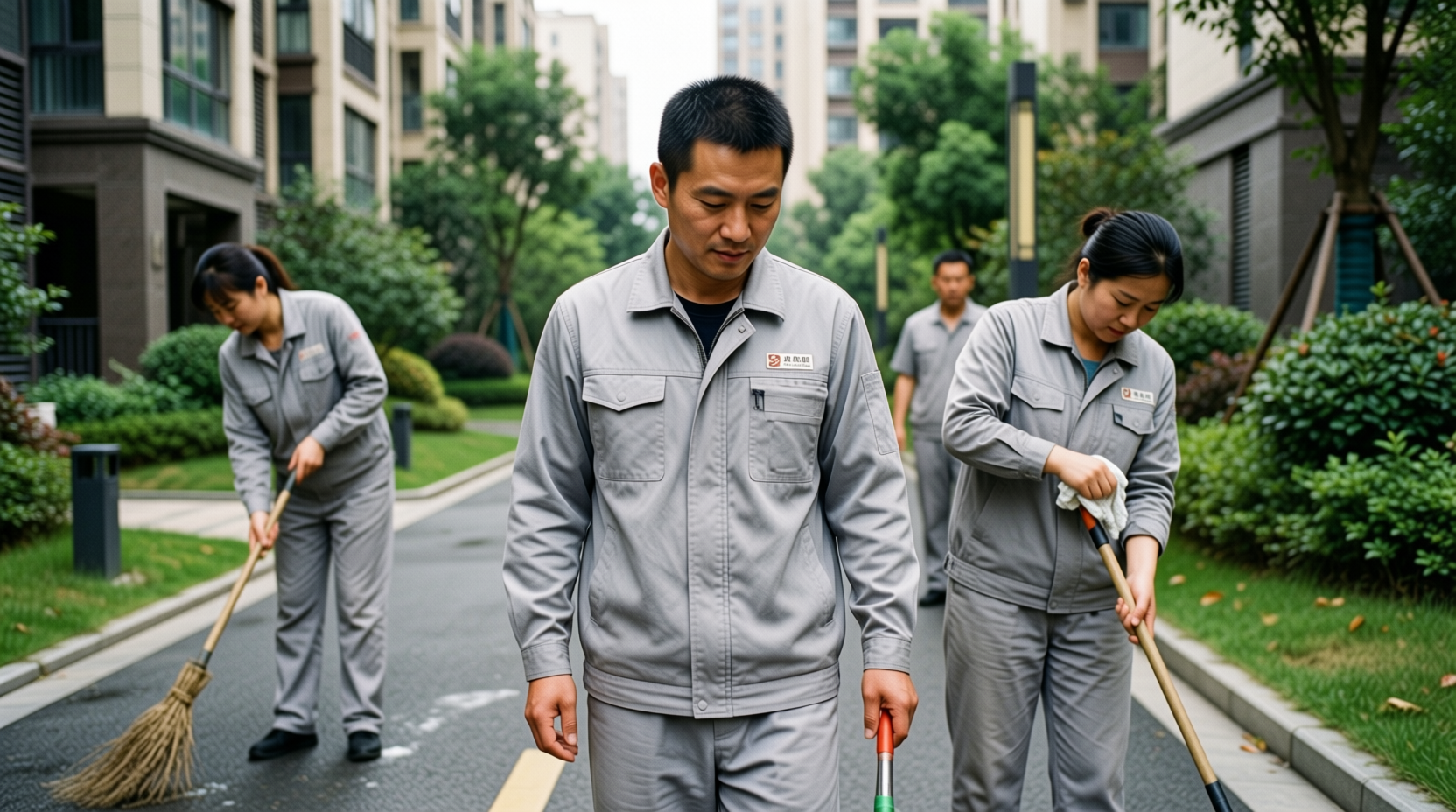 配图1 海盐物业保洁团队穿着统一工作服在小区作业 配图1 海盐物业保洁团队穿着统一工作服在小区作业