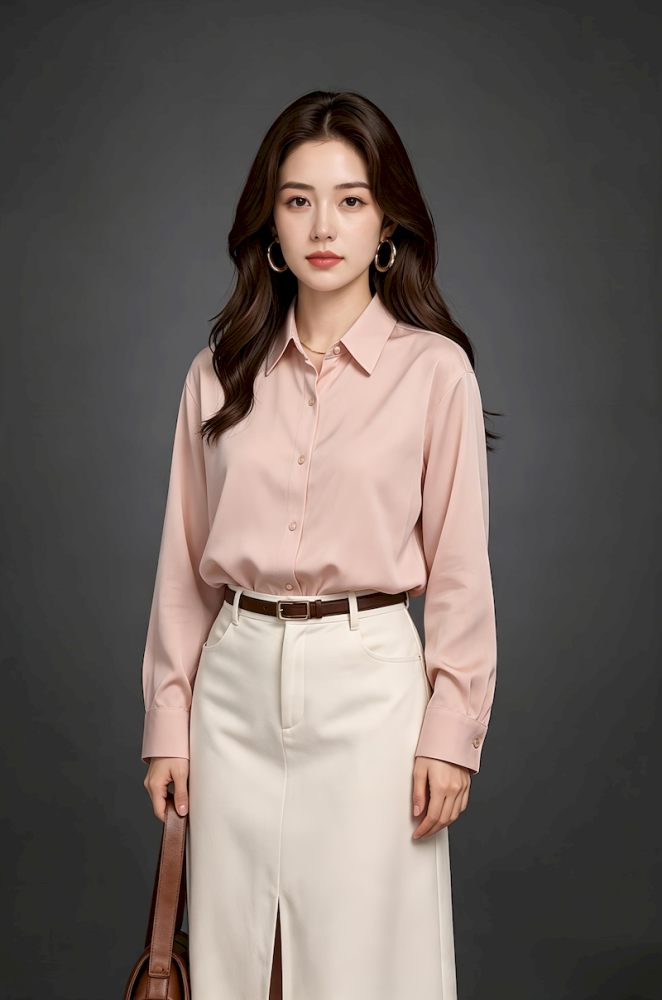 色丁基础款女式长袖衬衫
